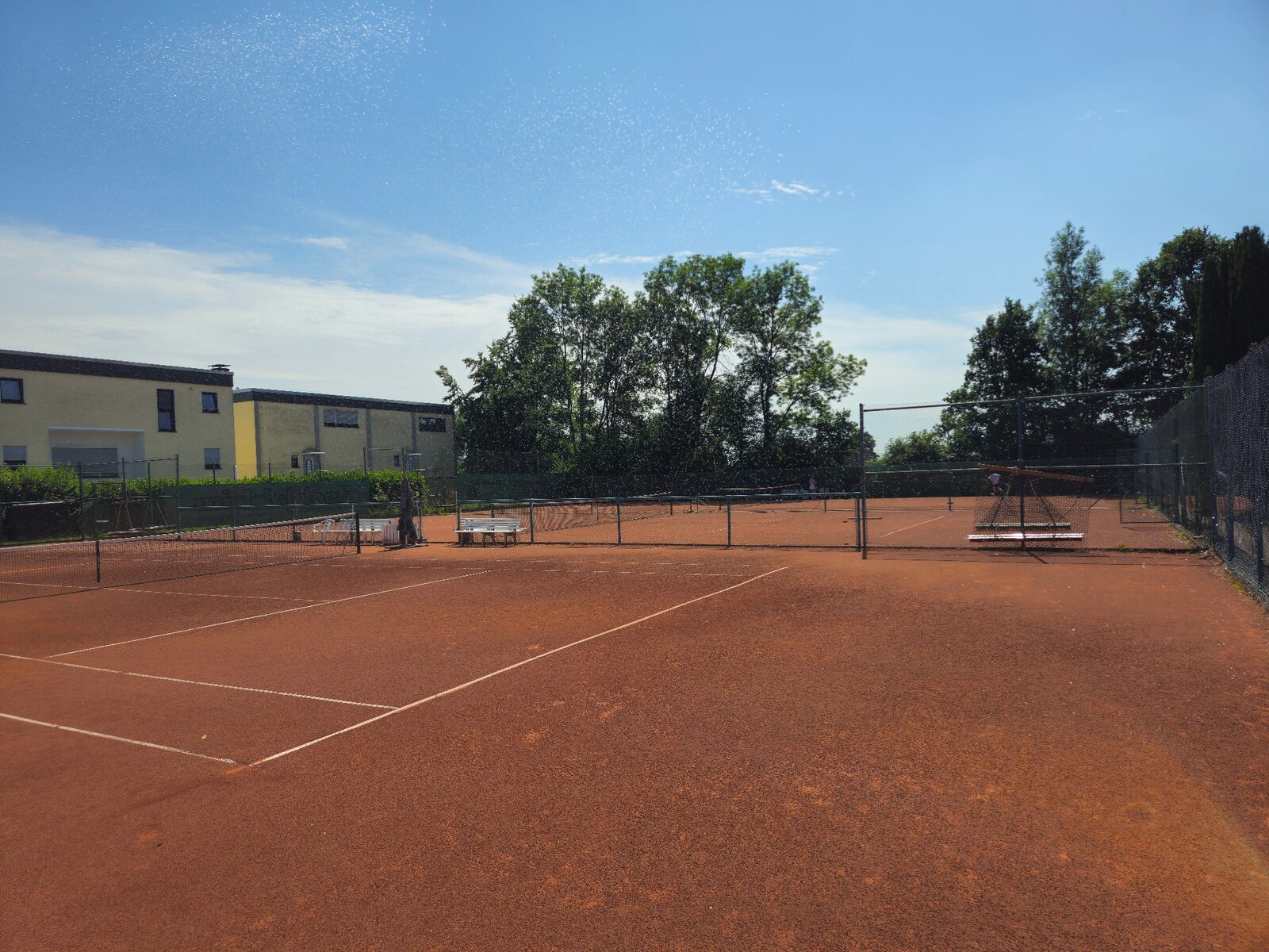 Mehrere rote Tennisplätze mit Netzen, Sitzbänken und Bäumen im Hintergrund.